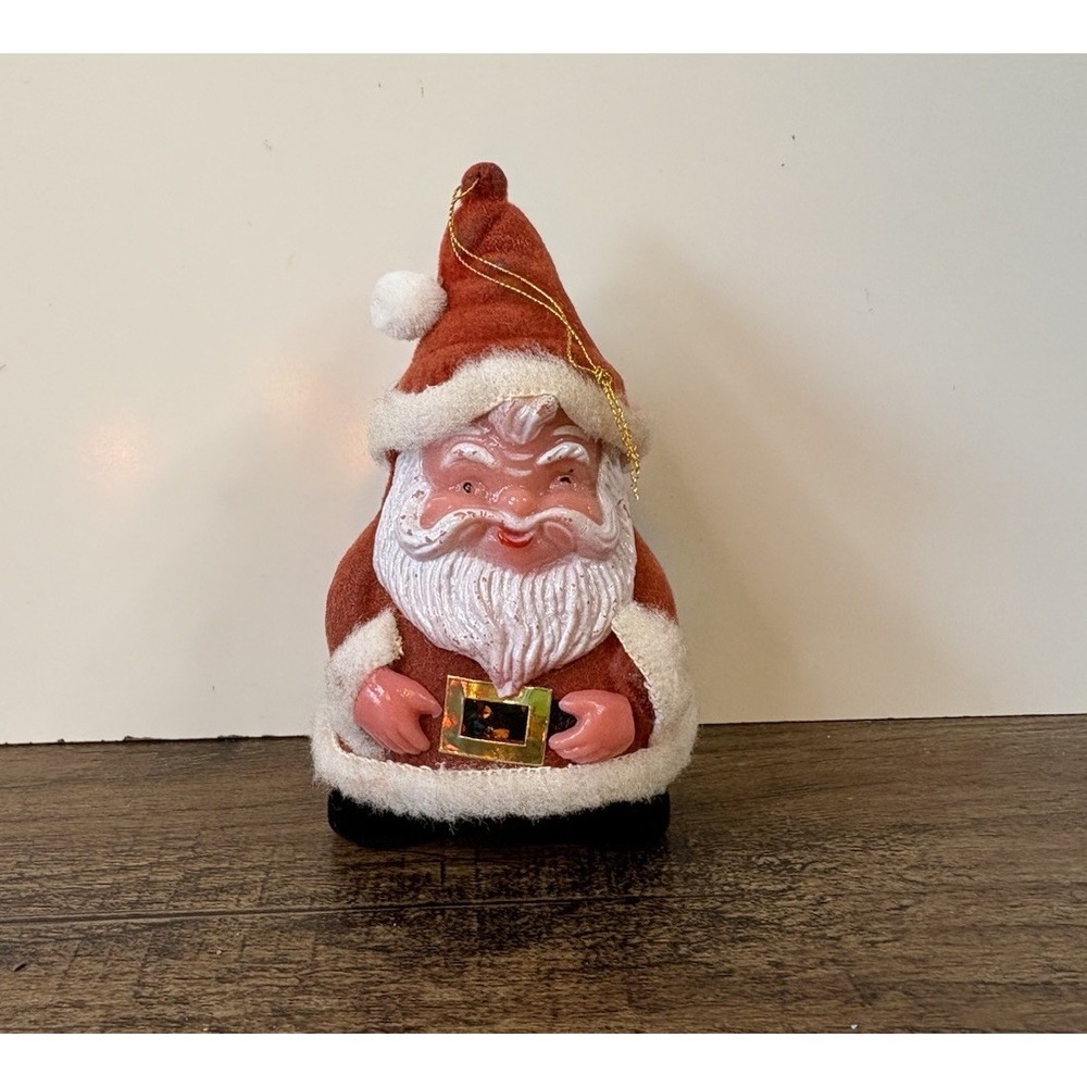 Vintage Flocked Santa 4" Ornament Figure Molded Plastic Japan Ornament
